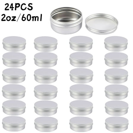 24 Pcs Round Aluminum Lip Balm Tin Cans with Screw Top Lids and Labels Silver Cosmetic Sample Containers Metal Empty Tins Travel Storage Tin Jars for Salve, Spice, Candies or Crafts, 2 oz / 60ml