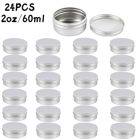 24 Pcs Round Aluminum Lip Balm Tin Cans with Screw Top Lids and Labels Silver Cosmetic Sample Containers Metal Empty Tins Travel Storage Tin Jars for Salve, Spice, Candies or Crafts, 2 oz / 60ml