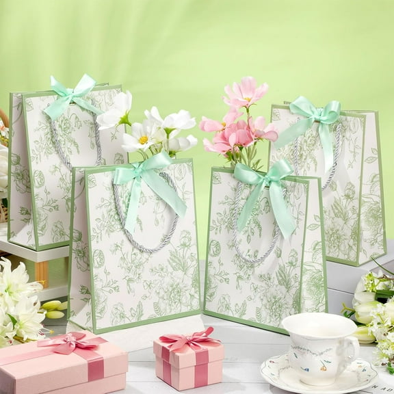 24 Pcs Sage Green Floral Thank You Gift Bags with Handles for Wedding Birthday Baby Shower