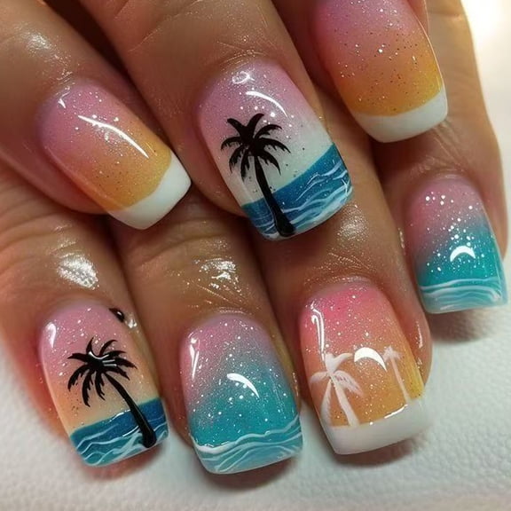 24 Pcs Full Covers on Nails Sea and Coconut Tree Summers Artificial Nails Short Square False Nails