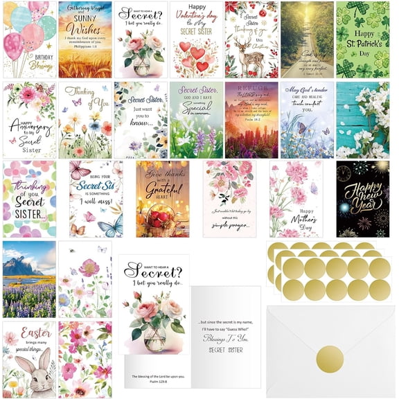 24 Pcs Secret Sister Greeting Cards with Scripture for Christian Women Secret Sister Cards with Envelopes Stickers for Women Birthday Christmas Easter Thinking of You All Occasion(Style2)