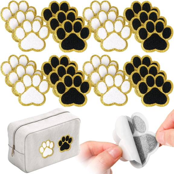 24 Pcs Self Adhesive Paw Print Patch Chenille (White, Black with Gold Edge)