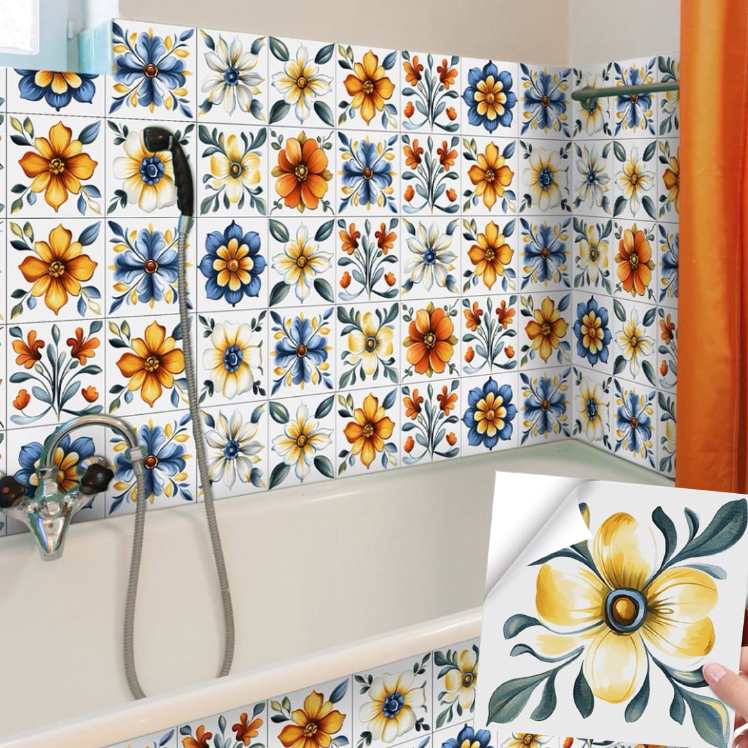 24 Pcs Self Adhesive Tiles Stickers 8 x 8inches Blue Gold Flowers Pattern Wall Decals DIY Decor Peel and Stick Waterproof Tile Kitchen Backsplash