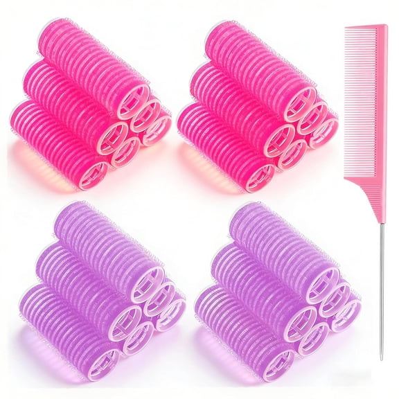 24 Pcs Self-Grip Small Hair Rollers Set, Curlers for Women Short Hair and Bangs, No Heat Hair Curlers to sleep in (25 mm, Rose Red and Purple)