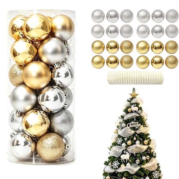 24-Pcs Set of Gold and Sliver 2.36" Christmas Balls—Christmas Tree Decorations and Ornaments With 1 Roll 10inch*30FT Christmas Ribbon