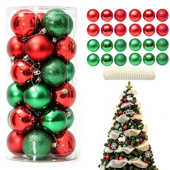 24 Pcs Christmas Ornaments Set, Red and Green 2.36\" Christmas Ball Ornaments, Christmas Tree Decorations with 1 Roll 10inch*30FT Christmas Ribbon for Xmas Tree, Home, Party, Holiday