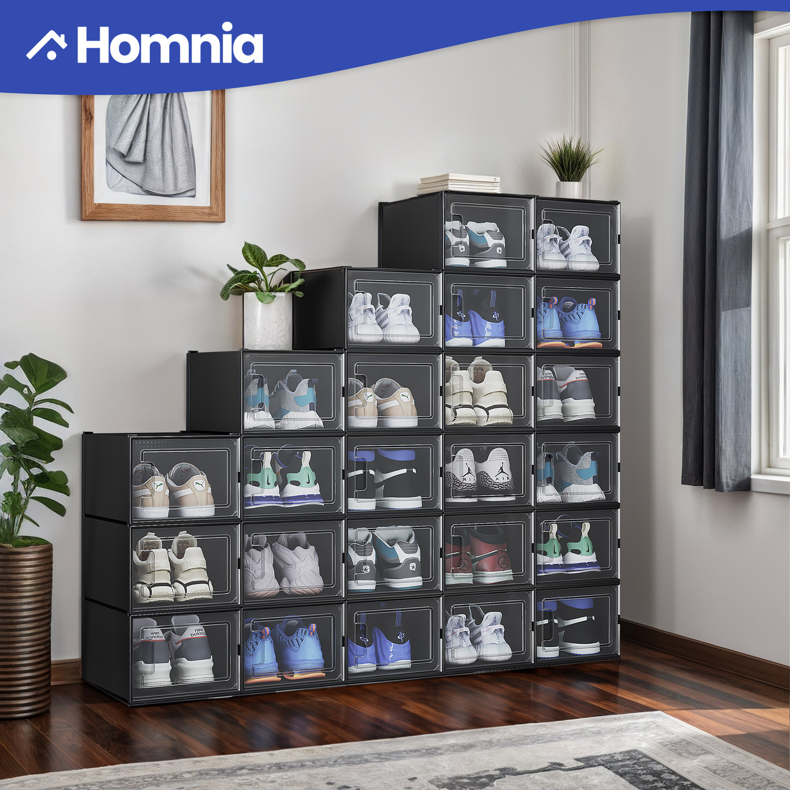 Shoe Rack Vent 24 Pcs Shoe Storage Box Stackable Large Black Air Vent Sneakers Rack ...