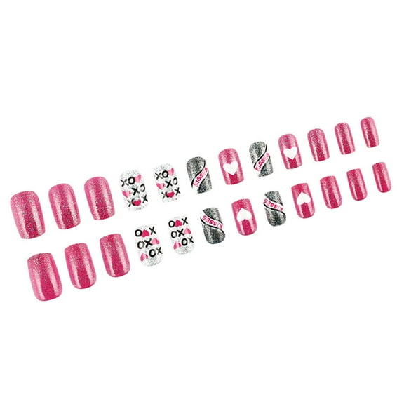 24 Pcs Short False Nail Silver Glittering Artificial Nail Lovely Heart Stick on Nail Valentines Day Press On Nail