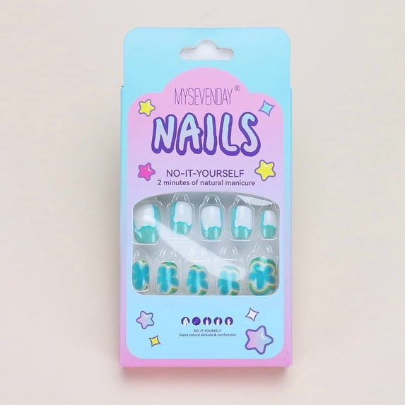 24 Pcs Short Kids Press on Nails Cartoon Floral Color Block Removable Fake Nails for Girls