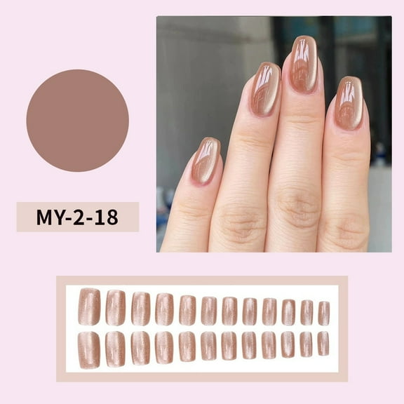 24 Pcs Short Medium Square Brown Glossy Cat Eye Press On Nails Reusable False Nails for Women