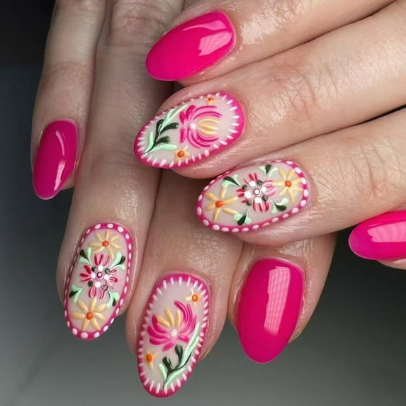 24 Pcs Short Oval False Nail Colorful Flowers Press On Nail Summer Floral Acrylic Nail Glossy Full Cover Stick on Nail