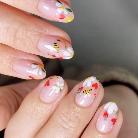 24 Pcs Short Oval Stick on Nails Glossy Full Covers False Nails Bees Press On Nails Manicures Supplies for Woman