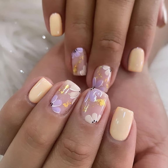 24 Pcs Short Press on Nails Square Acrylic Fake Nails with Flower Designs Spring Summer False Nails Light Yellow Full Cover Glossy Glue on Nails for Women and Girls Reusable Nails Style 3 0.04 Fl