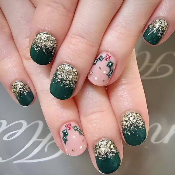24 Pcs Short Round False Nails Christmas Press On Nails Glittering Artificial Nail Winter Full Cover Stick on Nails