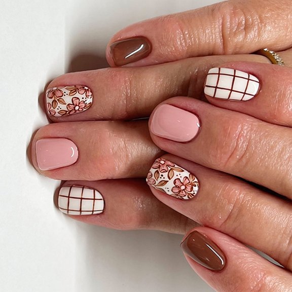 24 Pcs Short Square Acrylic Nails Flowers Full Covers On Nails Striped Grids Glossy False Nails