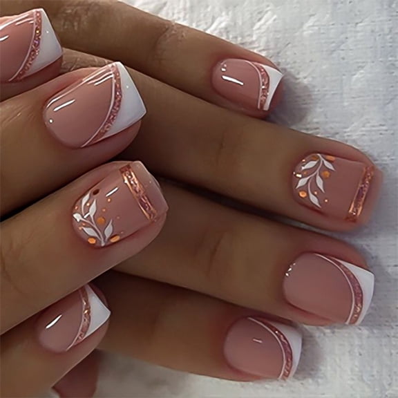 24 Pcs Short Square Acrylic Nails Full Covers On Nails French Tip Simple False Nails