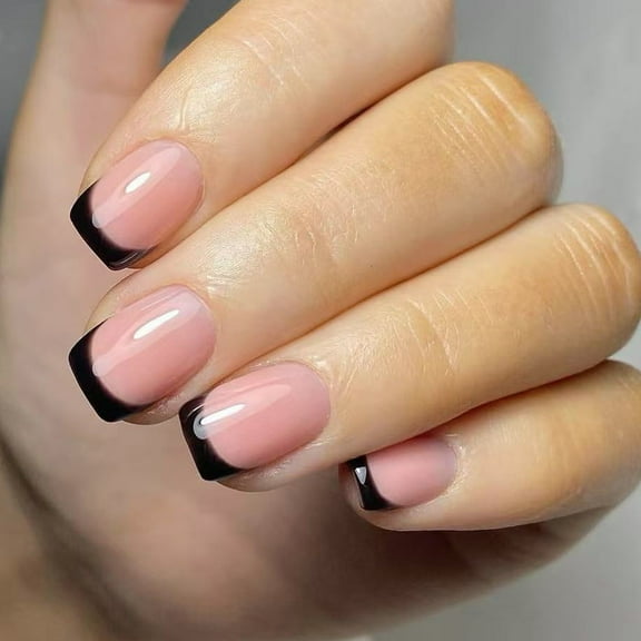24 Pcs Short Square Acrylic Nails Simple Full Covers On Nails Black French Tip Simple False Nails