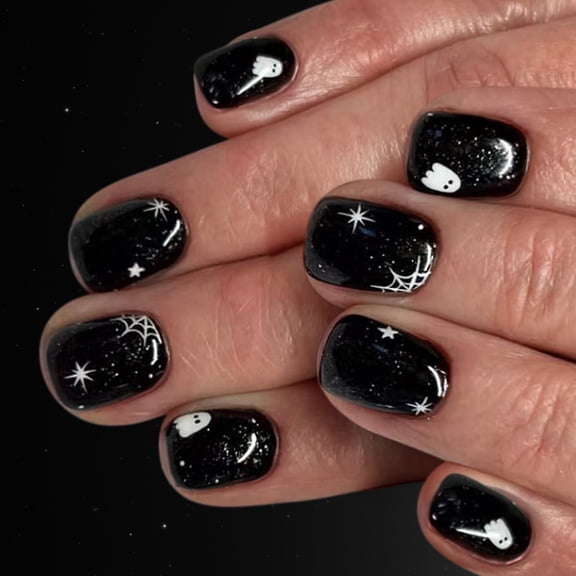 24 Pcs Short Square False Nails Spiders Web Halloween Acrylic Nails Glossy Full Cover on Nails