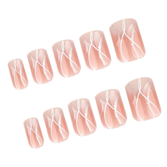 24 Pcs Short Square False Nails White Wavy Lines Artificial Nails French Tip Stick On Nails Glossy Press On Nails for Woman