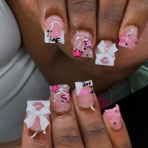 24 Pcs Short Square On Nails 3D Bows Full Covers False Nails French Tip Manicures Supplies