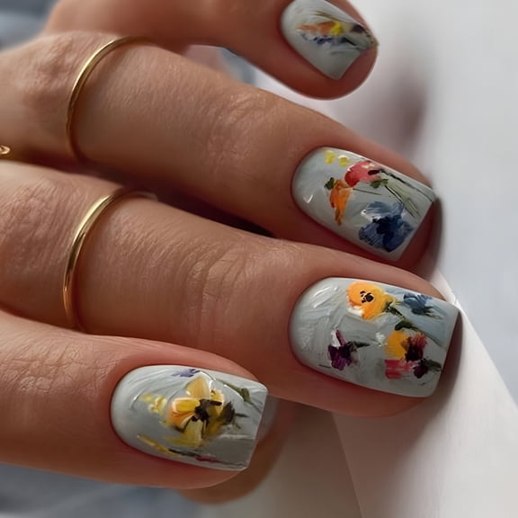 24 Pcs Short Square Spring Acrylic False Nails Reusable Artificial Nails 3D Flowers on Nails for Party