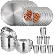 24 Pcs Silver Dinnerware Set, Includes 6.7 & 10.2 in Plates, 4.5 in Bowls, 3.5 in 13.53 fl oz Cups, 304 Stainless Steel Reusable Metal Tableware for Home Kitchen, Dorm and Outdoor Picnic