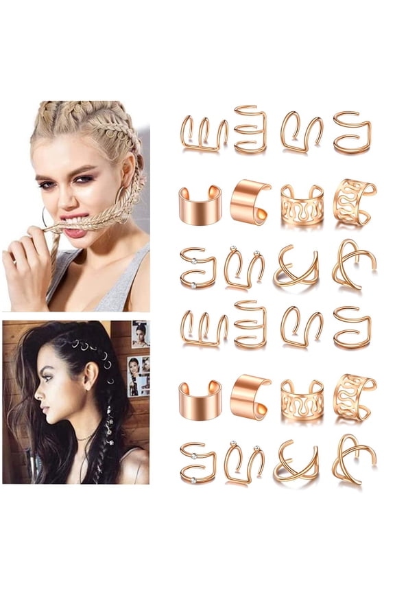 24 Pcs Silver Hair Braids Dreadlock, Non-Piercing Ear Clip Beard Beads Cuffs Clip Hair for Women Men Hair Accessories Styling Jewelry Tools