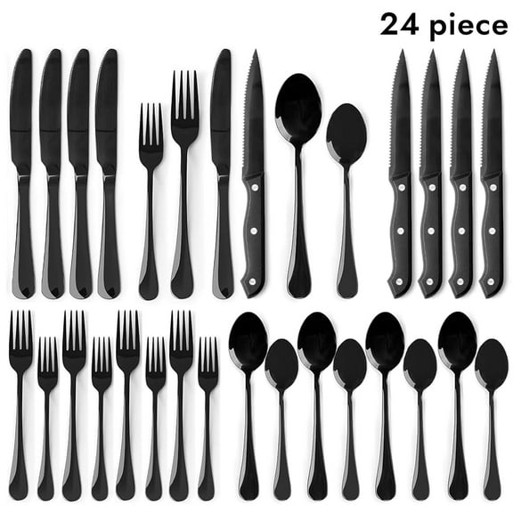 24 Pcs Silverware Set, Stainless Steel Mirror Polished Flatware For 4, With Steak Knives