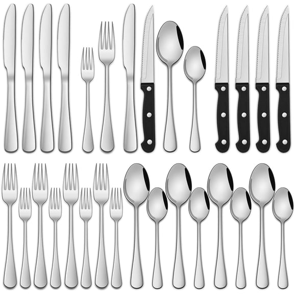 24-Piece Silverware Set for 4, Stainless Steel Flatware with Steak Knives, Dishwasher Safe
