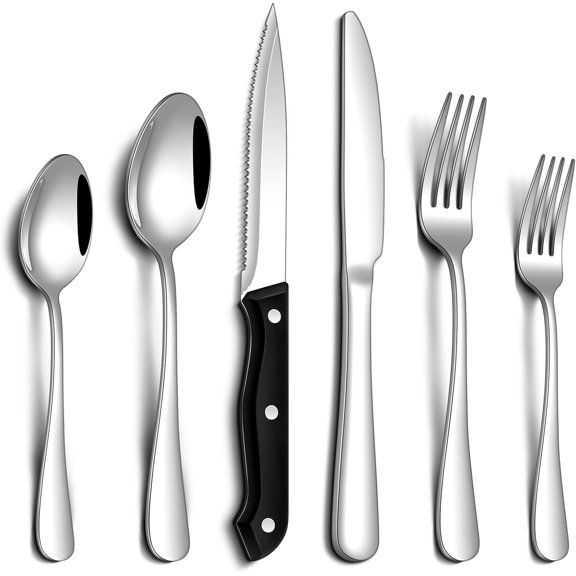 24 Pcs Silverware Set with Steak Knives Food-Grade Stainless Steel Flatware Set for 4 Mirror Cutlery Include Forks Spoons and Knives Set Dishwasher Safe Utensil Sets for Home Restaurant