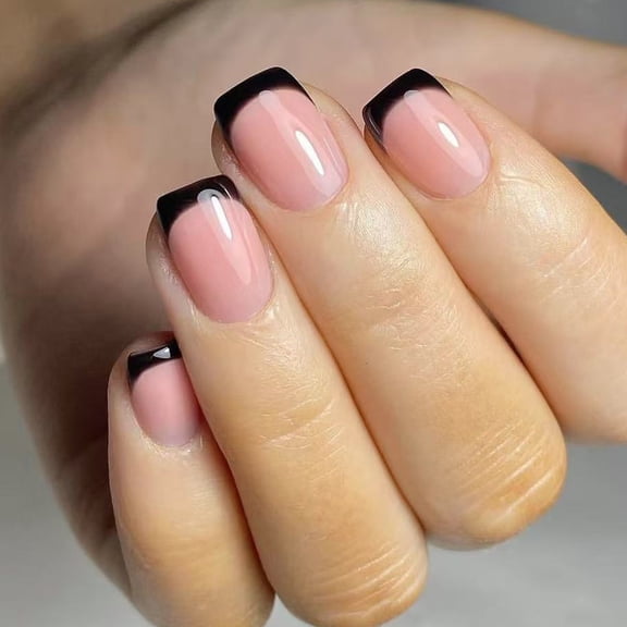 24 Pcs Simple Artificial Nails Black French Tip Short Square On Nails Glossy False Nails for Party