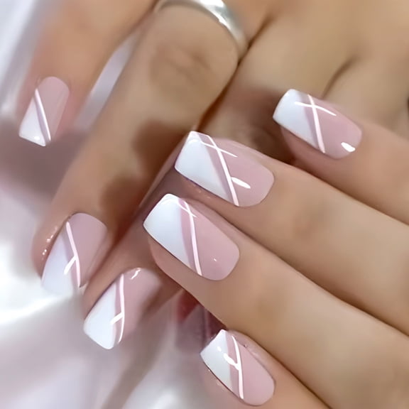 24 Pcs Simple Lines on Nails Pinks White Glossy Full Covers False Nails Artificial Nails for Woman