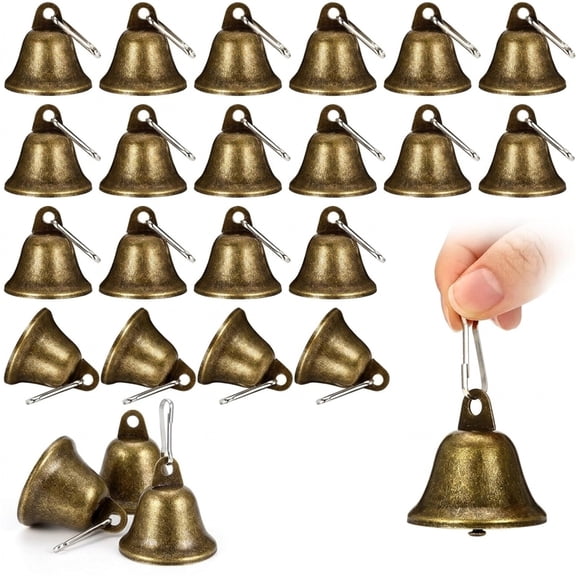 24 Pcs Small Brass Jingle Bells with Clips, Xinshengli Vintage Bronze Mini Bells for Crafts, ,1.5 x 1.57 Inch Tiny Metal Decor for DIY Crafting, Dog Collars, Wedding, Christmas Tree Decoration