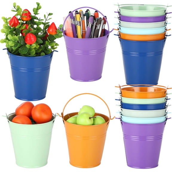 24 Pcs Small Metal Buckets with Handle, 3.9 in Multicolor Mini Buckets Party Favors, Tinplate Iron Buckets for Party Decoration, Wedding Favors, DIY Flower Pots