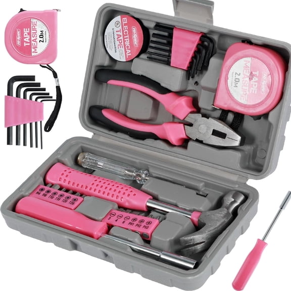 24 Pcs Small Tool Kit for Women Men Household Mini Tool Sets DIY Hand Tool Home Repair Tool Box with Tools Included Hammer Allen Key Set Electrical Tape Screwdriver Test Pen Wire Plier Bits Pink