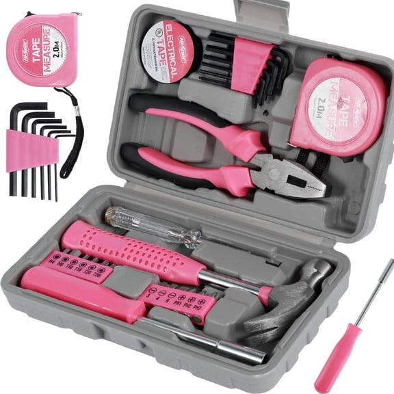 24 Pcs Small Tool Kit for Women Men Household Mini Tool Sets DIY Hand Tool Home Repair Tool Box with Tools Included Hammer Allen Key Set Electrical Tape Screwdriver Test Pen Wire Plier Bits Pink
