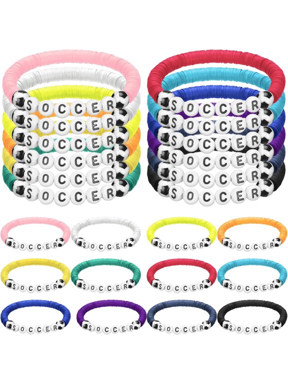 24 Pcs Soccer Party Favor Gift Bracelets Stackable Clay Beaded Bracelets Soccers Beaded Ball Adjustable Jewelry for Soccer Event Sports Gifts Supplies