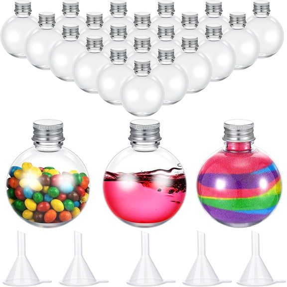 24 Pcs Spherical Plastic Potion Bottles Ball Shape Round Bottles 3.4 oz Sand Art Jar with 5 Funnels Decorative container Candy Jar for Valentines Birthday DIY Crafts(Silver,Aluminum Lid)