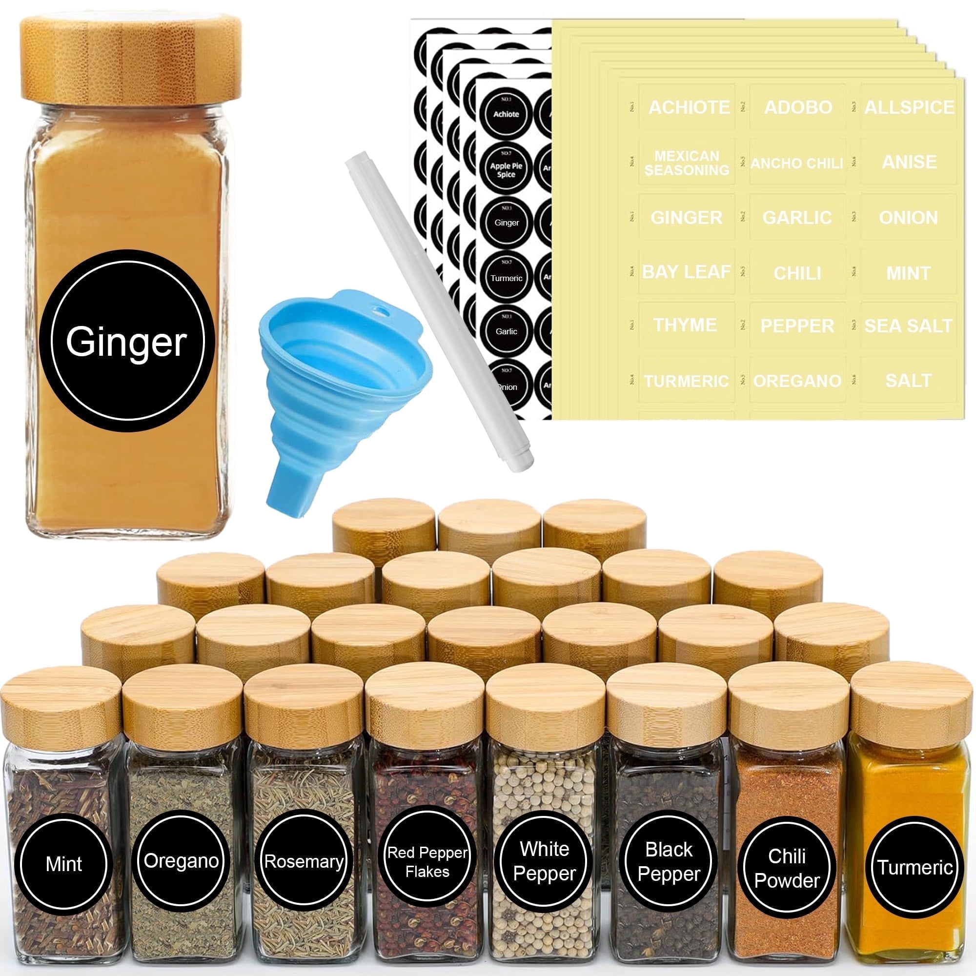 24 Pcs Spice Jars with Label, 4 oz Glass Jars with Bamboo Lids, Spice Containers, Knox Home & Health