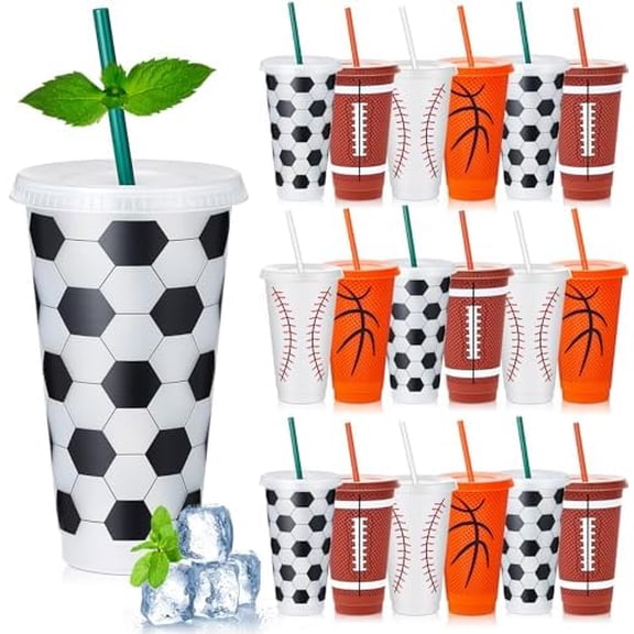 24 Pcs Sports Themed Party Decoration Cups 24 oz Soccer Plastic Tumblers with Lid and Straw Reusable Cups Bulk for Coach Kids Adults Boyfriend Birthday or Sports Party Decor