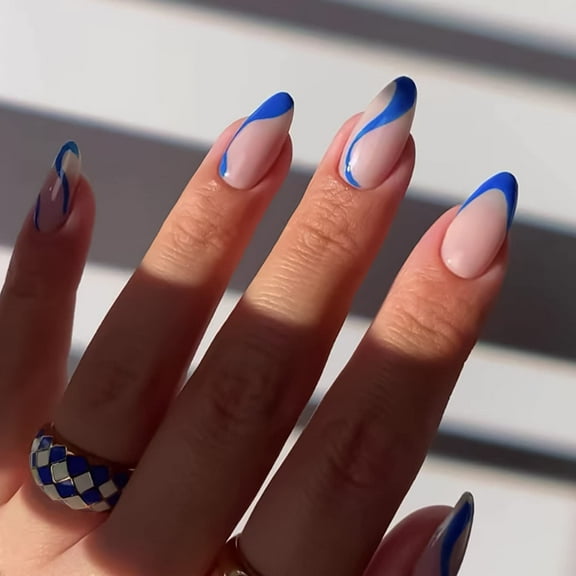 24 Pcs Spring Press on Nails Medium Length Almond Fake Nails French Tip Nude Acrylic False Nails with Royal Blue Ripple Designs Glossy Full Cover Nails for Women Summer Nail Decorations Almond9 0.04