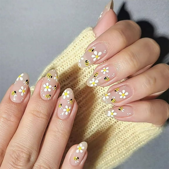 24 Pcs Spring Press on Nails Short Almond Floral Fake Nails Nude Full Cover Glue on Nails Acrylic False Nails with Cute Bees and Flowers Designs Glossy Press on Nail for Women Girls Style 14 0.04