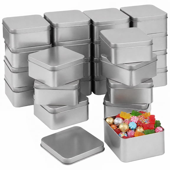 24 Pcs Square Metal Tins with Lids, 3.4 x 3.4 x 1.8 in Small Storage Containers, Empty Silver Tin Boxes for Candies, Tea, Pills, Portable Candy Gift Tins with Round Edge for Party Favors, DIY Crafts