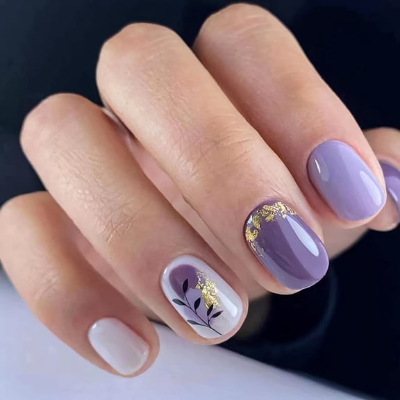 24 Pcs Square Press on Nails Short Fake Nails Gold Foil Design with Leaf Pattern False Nails Purple Glossy Acrylic Artificial Nails for Women and Girls Style 16 24 Fl Oz (Pack of 1)