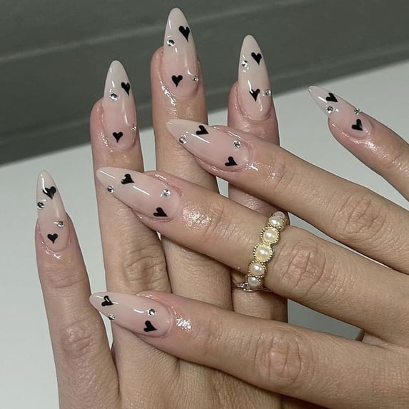 24 Pcs Square Press on Nails Short Fake Nails Press ons with Hearts Cherry Balloons Design Lattice Glue on Nails Red False Nails Glossy Artificial Stick on Nails for Women Red Pink-1 Black Hearts