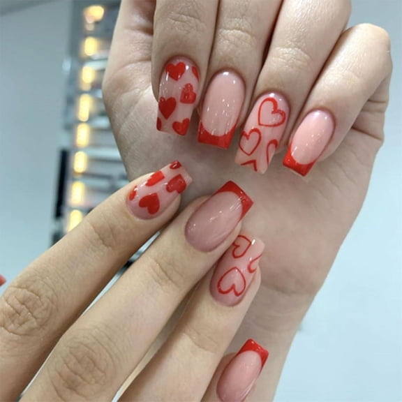24 Pcs Square Press on Nails Short Fake Nails Press ons with Hearts Cherry Balloons Design Lattice Glue on Nails Red False Nails Glossy Artificial Stick on Nails for Women Red Pink-1 Red Heart Red