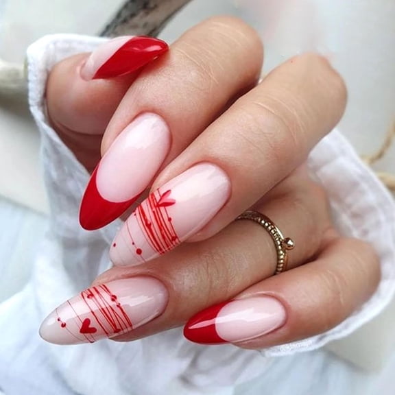 24 Pcs Square Press on Nails Short Fake Nails Press ons with Hearts Cherry Balloons Design Lattice Glue on Nails Red False Nails Glossy Artificial Stick on Nails for Women Red Pink-1 Heart Lines Red