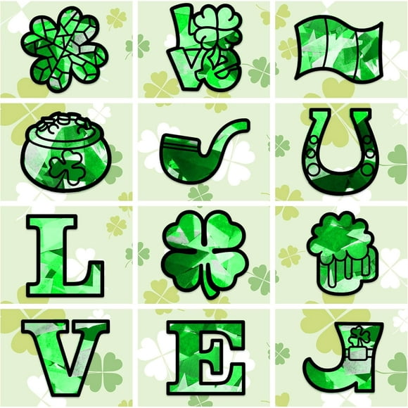 24 Pcs St. Patrick's Day Stained Glass Effect Paper Suncatchers St. Patrick's Day Window Clings Shamrock Horseshoe Green DIY Suncatchers Kits for St. Patrick's Day Glass Window Door Decals Black DIY