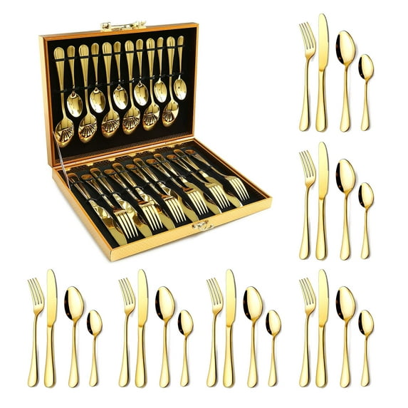 24 Pcs Stainless Steel Flatware Set,Dishwasher Safe,Hand Wash,Gold