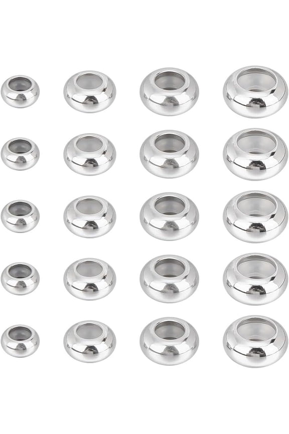 24 Pcs Stainless Steel Ring Beads 4 Sizes Stopper Beads Slider Beads with Rubber Inside Round Spacer Beads for Necklaces Bracelets DIY Crafts Jewelry Making Stainless Steel Color